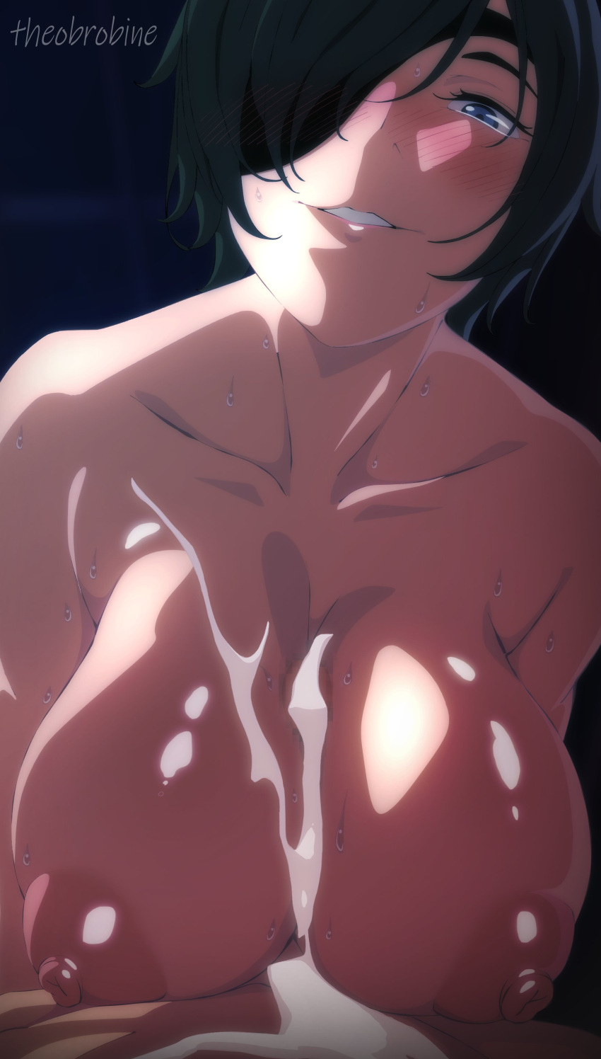 1boy 1girl absurdres after_paizuri artist_name black_hair blue_eyes blush breasts chainsaw_man collarbone cum cum_on_body cum_on_breasts eyepatch highres himeno_(chainsaw_man) large_breasts looking_at_viewer parted_lips pov short_hair smile sweat theobrobine