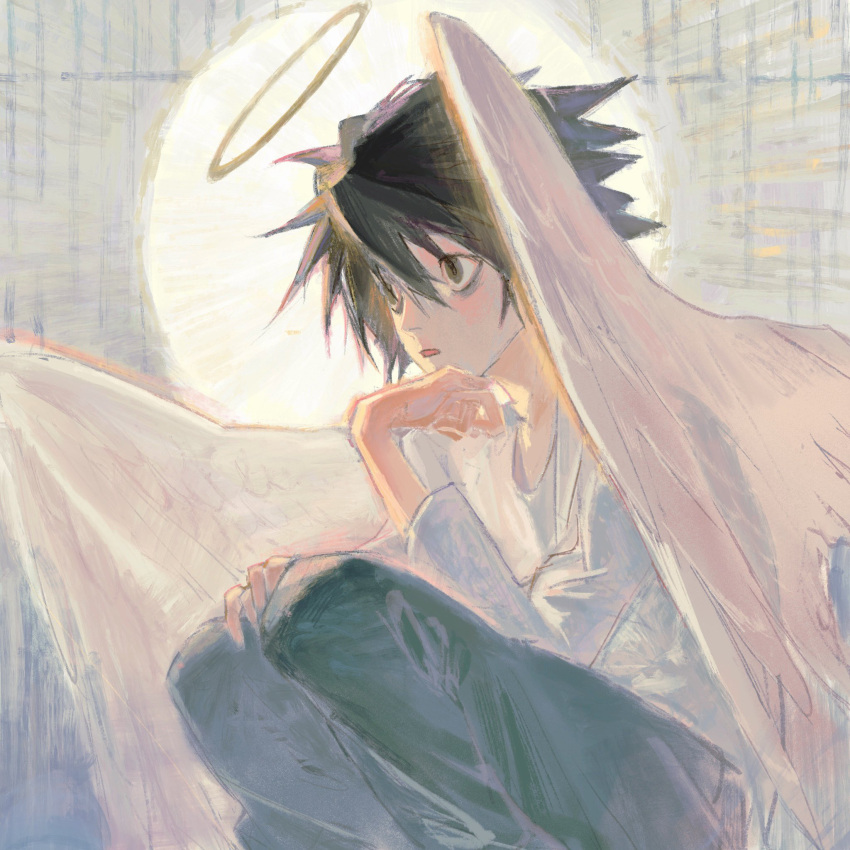 1boy angel_wings bags_under_eyes black_eyes black_hair blue_pants death_note denim feathered_wings hair_between_eyes halo hand_to_own_face highres jeans l_(death_note) long_sleeves male_focus no_eyebrows pants parted_lips shirt short_hair sitting solo spiked_hair white_shirt white_wings wings wixcuwi