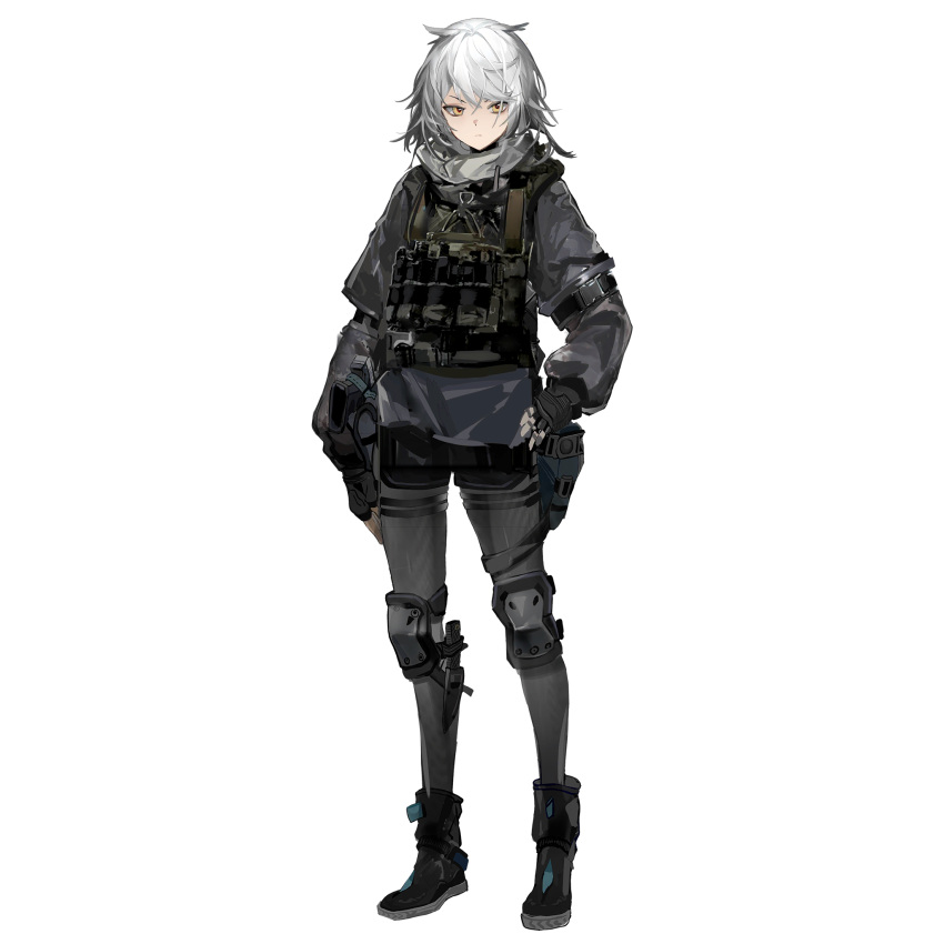 1girl artist_request bangs black_footwear black_gloves black_pants boots closed_mouth expressionless fingerless_gloves full_body girls'_frontline girls'_frontline_neural_cloud gloves grey_hair highres knee_pads load_bearing_vest long_sleeves looking_at_viewer medium_hair military military_uniform official_art pants solo standing tasha_(girls'_frontline_nc) third-party_source transparent_background uniform yellow_eyes