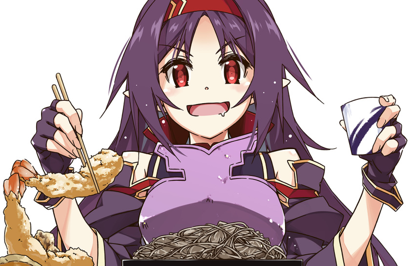 1girl armor bangs bare_shoulders breastplate chopsticks cup detached_sleeves fingerless_gloves food gloves hairband holding holding_chopsticks holding_cup long_hair looking_at_viewer noodles parted_bangs pointy_ears purple_gloves purple_hair red_eyes red_hairband saliva shikei shrimp shrimp_tempura solo sword_art_online tempura upper_body white_background yuuki_(sao)