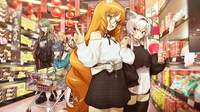 4girls :d arknights black_shirt black_skirt black_thighhighs boots brown_eyes ch'en_(arknights) chinese_new_year clothing_cutout curly_hair drill_hair fang fingernails food glasses green_eyes green_hair grey_eyes grey_hair groceries hanging_lantern highres holding hoshiguma_(arknights) jacket lantern lays_potato_chip leaning lin_(arknights) long_hair multiple_girls orange_hair paper_lantern pointing pointing_up pringles puffy_sleeves red_eyes shirt shoes shopping_cart shoulder_cutout sidelocks skirt smile snack sneakers songchuan_li swire_(arknights) thighhighs very_long_hair white_hair white_shirt