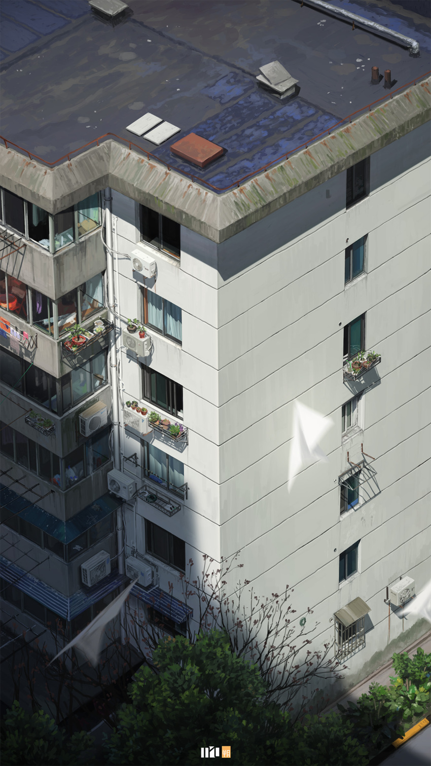 air_conditioner apartment artist_logo building bush day highres no_humans original outdoors paper_airplane realistic scenery tree urban yucong_tang
