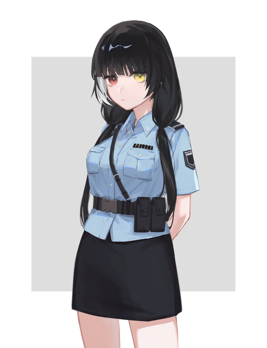 1girl arms_behind_back bangs black_hair black_skirt blue_shirt blunt_bangs collared_shirt commentary cowboy_shot expressionless girls'_frontline grey_background hair_over_shoulder heterochromia highres long_hair looking_at_viewer multicolored_hair pencil_skirt police police_uniform red_eyes ro635_(girls'_frontline) shirt skirt solo taiyang_ami twintails uniform white_hair yellow_eyes