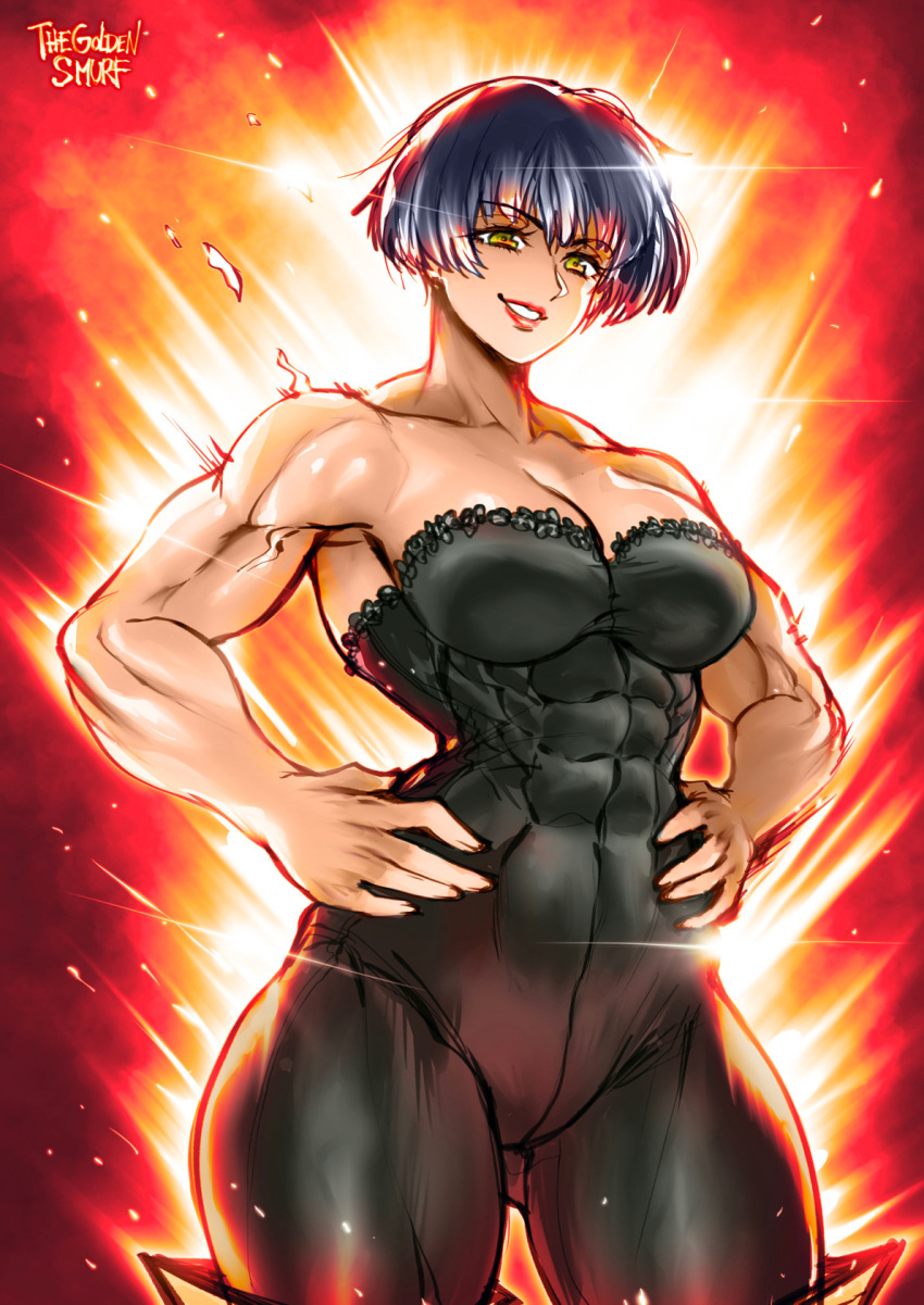 1girl abs black_hair bodysuit english_commentary gawain_(mokushiroku_no_yonkishi) gradient_background hand_on_hip hands_on_hips highres mokushiroku_no_yonkishi muscular muscular_female nanatsu_no_taizai red_background short_hair smile solo the_golden_smurf yellow_eyes