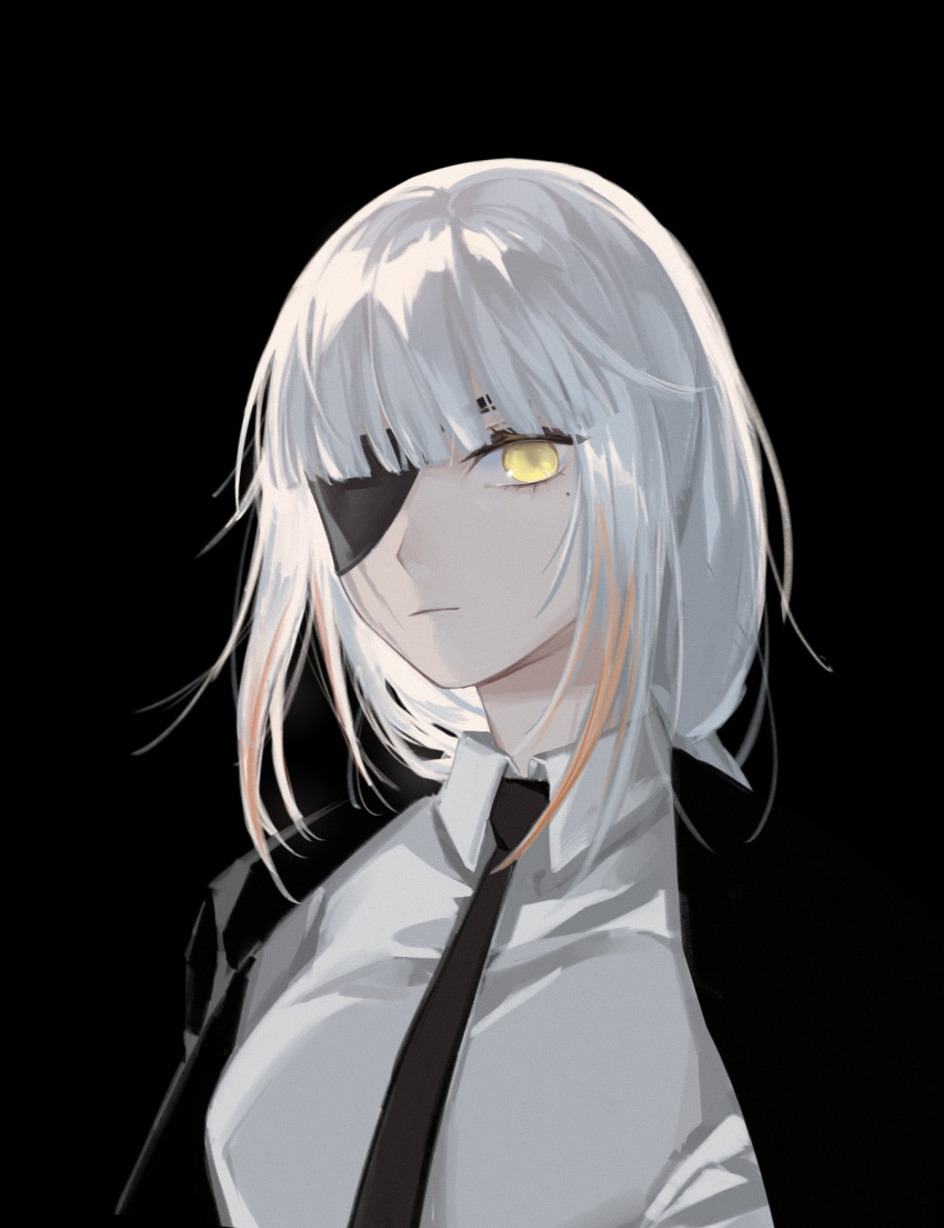 1girl black_background black_jacket black_necktie collared_shirt eyepatch girls'_frontline highres jacket looking_at_viewer m16a1_(boss)_(girls'_frontline) m16a1_(girls'_frontline) mole mole_under_eye necktie open_clothes open_jacket scar scar_across_eye shirt simple_background solo taiyang_ami upper_body white_hair white_shirt yellow_eyes