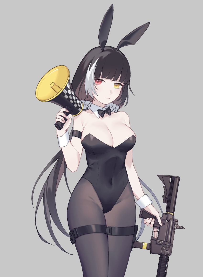 1girl animal_ears bare_shoulders black_hair black_leotard bow bowtie breasts cleavage commentary covered_navel cowboy_shot detached_collar fake_animal_ears girls'_frontline grey_background gun heterochromia highres holding holding_gun holding_megaphone holding_weapon large_breasts leotard long_hair looking_at_viewer megaphone multicolored_hair pantyhose playboy_bunny rabbit_ears red_eyes ro635 ro635_(girls'_frontline) simple_background solo strapless strapless_leotard submachine_gun taiyang_ami thigh_strap trigger_discipline very_long_hair weapon white_hair wrist_cuffs yellow_eyes