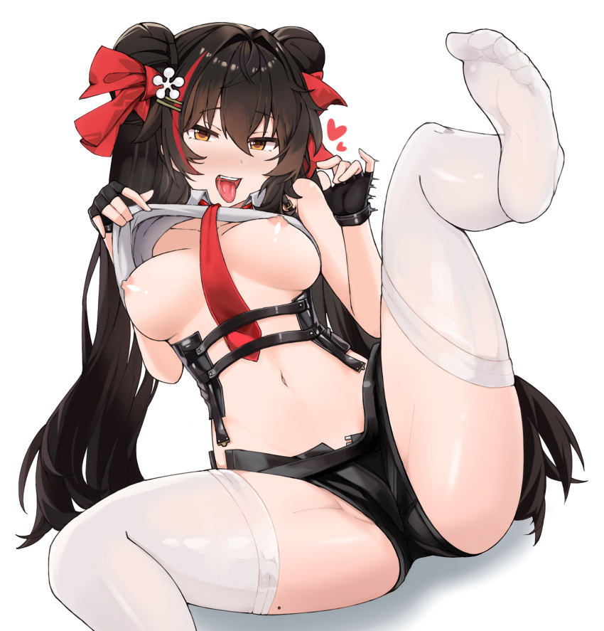 1girl bangs black_gloves black_hair black_shorts breasts brown_eyes clothes_lift colored_tips double_bun fellatio_gesture fingerless_gloves foot_out_of_frame girls'_frontline girls'_frontline_neural_cloud gloves hair_bun hair_ornament hair_ribbon heart highres korean_commentary lancer_(worudrleh1) large_breasts leg_up lifted_by_self long_hair looking_at_viewer lying mole mole_on_thigh multicolored_hair navel neck necktie nipples no_bra no_shoes open_mouth red_hair red_necktie red_ribbon ribbon shirt shirt_lift shorts simple_background solo spiked_gloves spread_legs stomach streaked_hair teeth thighhighs tongue tongue_out twintails two-tone_hair type_97_(girls'_frontline) underwear upper_teeth_only very_long_hair white_background white_shirt white_thighhighs