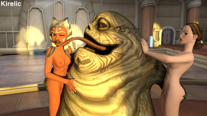 ahsoka_tano alien alien_humanoid breasts butt butt_grab female group hand_on_butt human humanoid hutt jabba_the_hutt licking lips male male/female mammal mole_under_eye nipples nude one_eye_closed padme_amidala star_wars star_wars:_the_clone_wars togruta tongue tongue_out trio