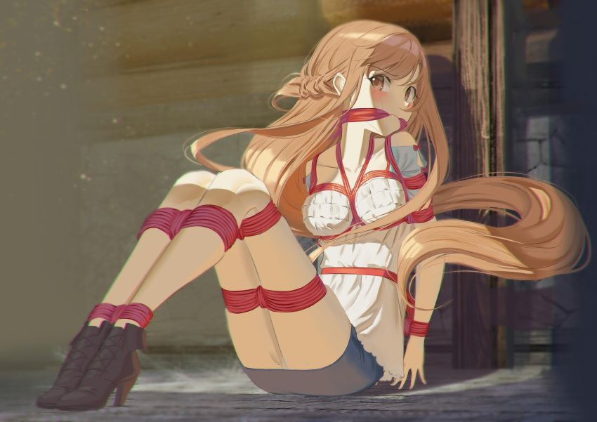 1girl absurdres arms_behind_back asuna_(sao) bdsm bondage bound bound_ankles bound_arms bound_wrists breast_bondage breasts brown_eyes brown_hair cailin020 crotch_rope gag gagged highres long_hair medium_breasts red_rope restrained rope shibari shibari_over_clothes sword_art_online