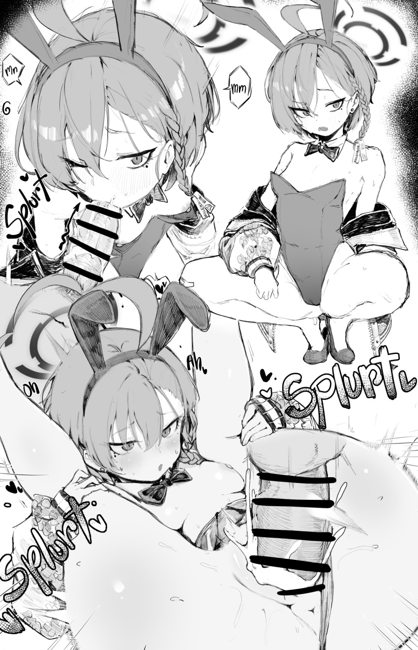 1boy 1girl ahoge animal_ears anus bar_censor bare_legs blue_archive bow bowtie braid breasts censored clothing_aside cum cum_in_pussy detached_sleeves erection fake_animal_ears fellatio folded greyscale halo hetero highres leotard leotard_aside looking_at_viewer mole mole_under_eye monochrome multiple_views neru_(blue_archive) neru_(bunny)_(blue_archive) one_eye_closed oral overflow penis playboy_bunny pussy rabbit_ears sex small_breasts squatting teriibol testicles vaginal