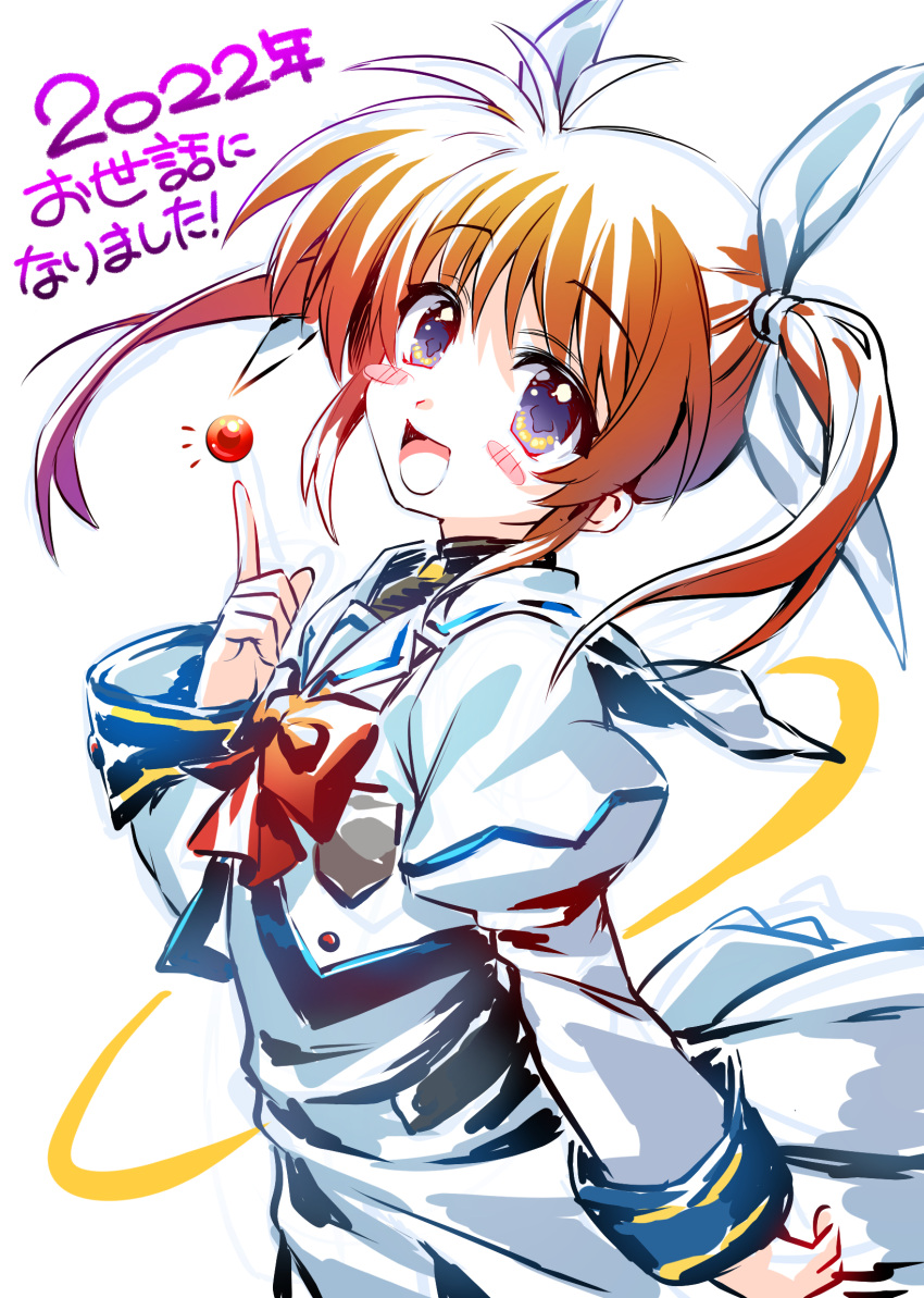 1girl 2022 :d bangs black_shirt blush_stickers brown_hair commentary_request cropped_jacket from_side hair_ribbon highres jacket juliet_sleeves long_sleeves looking_at_viewer lyrical_nanoha magical_girl mahou_shoujo_lyrical_nanoha medium_hair medium_skirt notice_lines open_mouth puffy_sleeves purple_eyes raising_heart ribbon sailor_collar shirt skirt smile solo standing takamachi_nanoha translated twintails wada_chiyon white_background white_jacket white_ribbon white_sailor_collar white_skirt