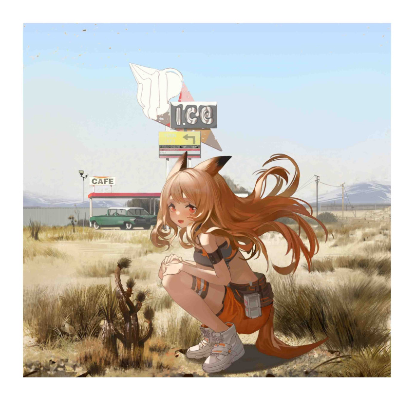 1girl absurdres animal_ears arknights bangs blue_sky border brown_hair cactus car ceobe_(arknights) ceobe_(summer_flowers)_(arknights) cloud dog_ears dog_tail fang food framed gas_station ground_vehicle hair_lift head_tilt highres ice_cream ice_cream_cone jpeg_artifacts light_blush long_hair looking_at_viewer motor_vehicle mountain mountainous_horizon orange_shorts red_eyes road_sign shoes shorts sign skin_fang sky sneakers solo squatting strapless tail tube_top utility_pole white_border zheshe_jing