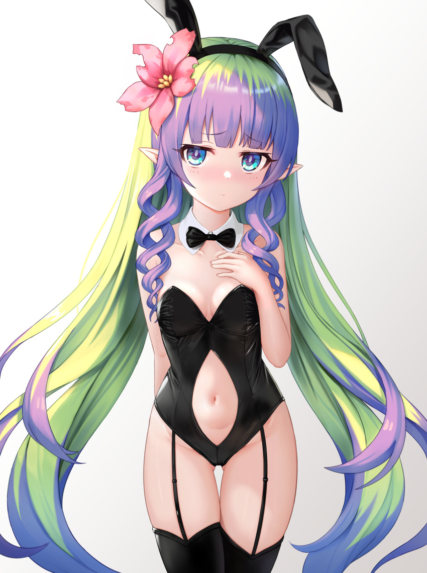 1girl ameth_(princess_connect!) animal_ears ass_visible_through_thighs bangs black_leotard black_thighhighs blue_eyes breasts cementite clothing_cutout cowboy_shot fake_animal_ears flower garter_straps green_hair hair_flower hair_ornament hand_on_own_chest highres leotard long_hair multicolored_hair navel navel_cutout pink_flower playboy_bunny pointy_ears princess_connect! purple_hair simple_background small_breasts solo strapless strapless_leotard thighhighs twintails two-tone_hair very_long_hair white_background