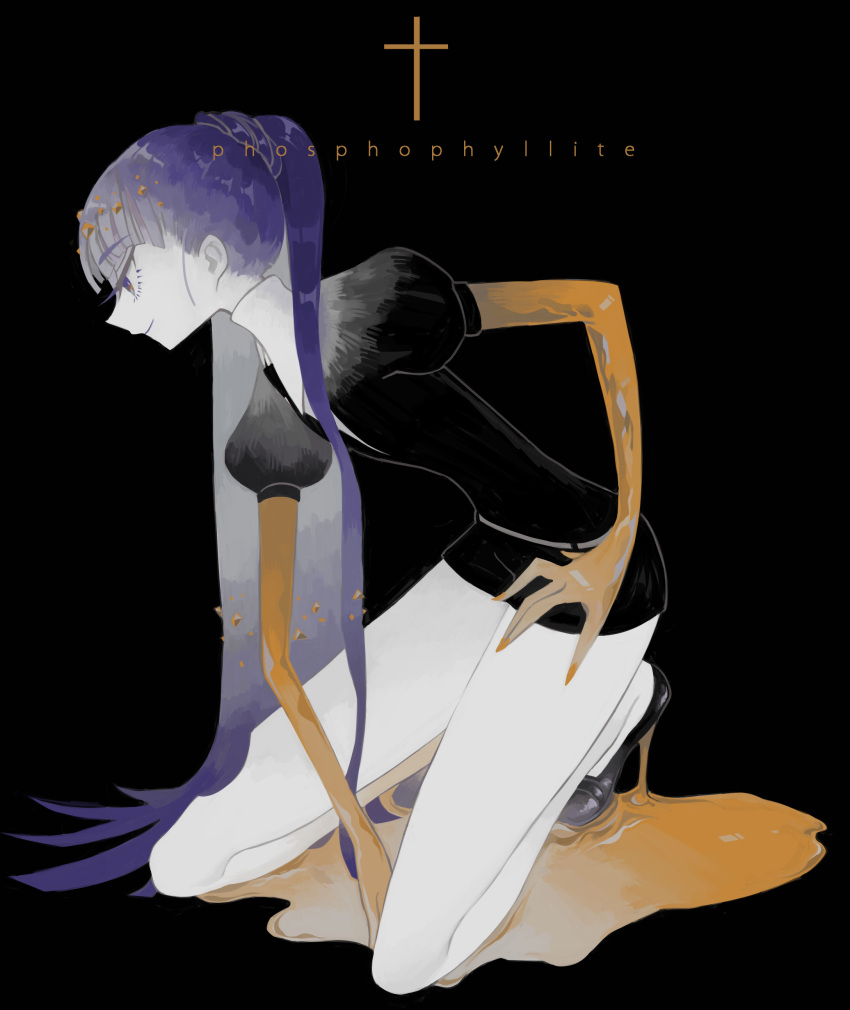 1other absurdres androgynous belt black_background black_footwear blue_eyes blue_hair character_name collared_shirt colored_eyelashes cross from_side gem_uniform_(houseki_no_kuni) gold gold_nails golden_arms hand_on_hip high_heels highres houseki_no_kuni loafers long_hair long_legs marimo_(marimotty) melting molten_metal nail_polish necktie other_focus phosphophyllite phosphophyllite_(ll) ponytail puffy_short_sleeves puffy_sleeves shirt shoes short_hair short_shorts short_sleeves shorts smile straight_hair very_long_hair white_belt white_shirt yellow_nails