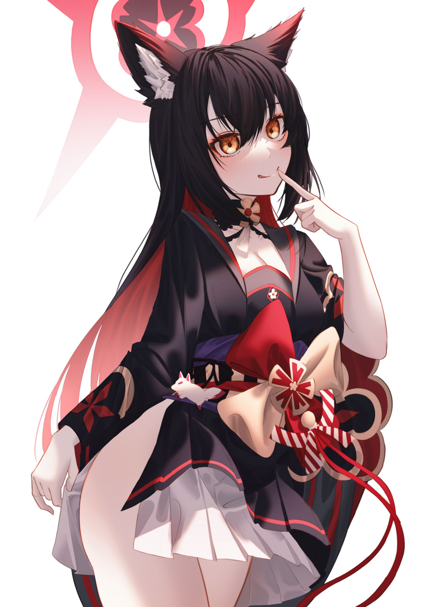1girl absurdres animal_ear_fluff animal_ears ass_visible_through_thighs bangs black_choker black_hair black_kimono black_knight blue_archive breasts choker cleavage clenched_hand closed_mouth clothes_grab collarbone commentary finger_to_mouth fox fox_ears fox_girl fox_tail hair_between_eyes halo head_tilt highres japanese_clothes kimono kitsune legs_together long_hair long_sleeves medium_breasts multicolored_hair obi obijime parted_bangs red_hair sash short_kimono showing sidelocks simple_background single_bare_arm smile solo symbol-only_commentary tail tassel thighs tongue tongue_out two-tone_hair very_long_hair wakamo_(blue_archive) white_background wide_sleeves yellow_eyes