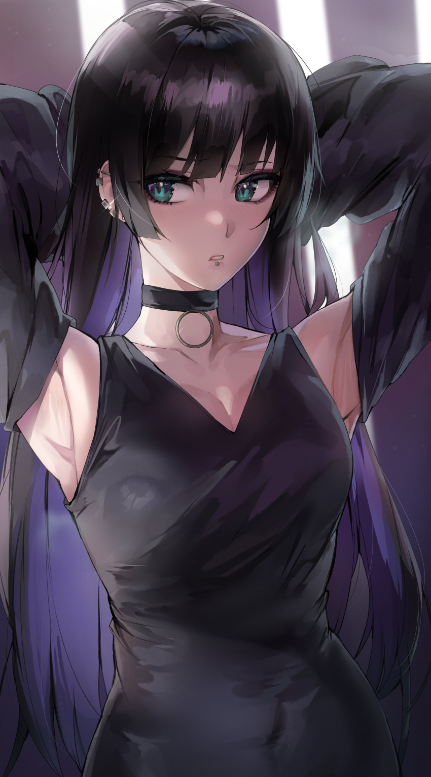 1girl absurdres aqua_eyes armpits arms_up bangs black_choker black_dress black_hair blunt_bangs bocchi_the_rock! chin_piercing choker clothing_cutout colored_inner_hair covered_navel dress ear_piercing gothic highres hime_cut kanniiepan lip_piercing long_hair multicolored_hair pa-san piercing purple_hair shoulder_cutout solo two-tone