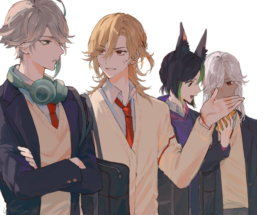 4boys ahoge alhaitham_(genshin_impact) animal_ear_fluff animal_ears bag bangs black_bag black_hair black_jacket blonde_hair braid buttons cardigan cellphone collared_shirt commentary_request crossed_arms cyno_(genshin_impact) dark-skinned_male dark_skin eyelashes fox_ears genshin_impact green_eyes green_hair grey_hair hair_between_eyes hair_over_one_eye hand_up headphones headphones_around_neck highres holding holding_phone hood hood_down hoodie jacket kaveh_(genshin_impact) lapels long_hair long_sleeves looking_at_another male_focus multicolored_hair multiple_boys necktie omuomu_06 one_eye_covered open_clothes open_jacket open_mouth parted_bangs parted_lips phone profile purple_hoodie red_eyes red_necktie school_bag school_uniform shirt short_hair shoulder_bag sidelocks simple_background smartphone smile sweater swept_bangs tighnari_(genshin_impact) two-tone_hair white_background white_hair white_shirt wing_collar yellow_cardigan yellow_sweater zipper zipper_pull_tab