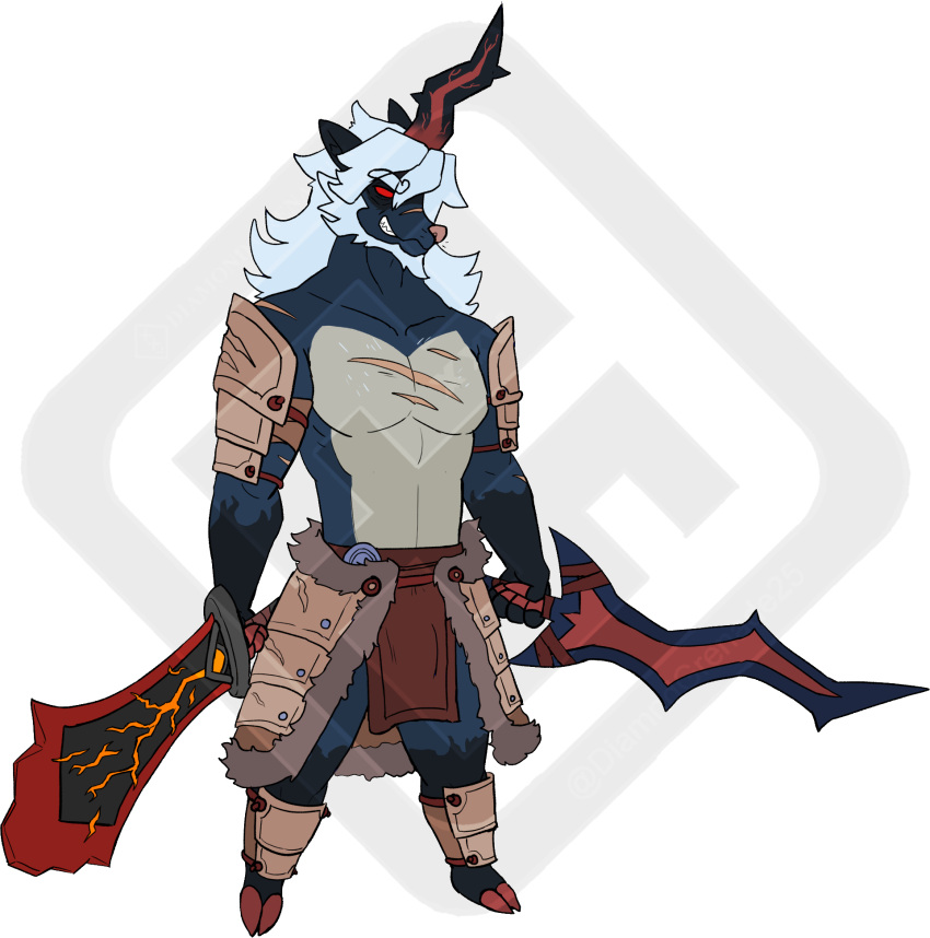 akujin_the_oni_samurott anthro armor asian_mythology bandage beard belt belt_buckle bottomwear claws clothing countershade_torso countershading demon diamond_grenadier dual_swords dual_weapon dual_wielding dual_wielding_melee_weapons east_asian_mythology facial_hair generation_5_pokemon hair hi_res hisuian_form hisuian_samurott holding_object holding_weapon horn japanese_mythology loincloth male melee_weapon mythology nintendo oni pink_nose pokemon pokemon_(species) red_claws red_eyes regional_form_(pokemon) samurott scar shoulder_pads smile solo sword weapon whiskers white_beard white_hair yokai