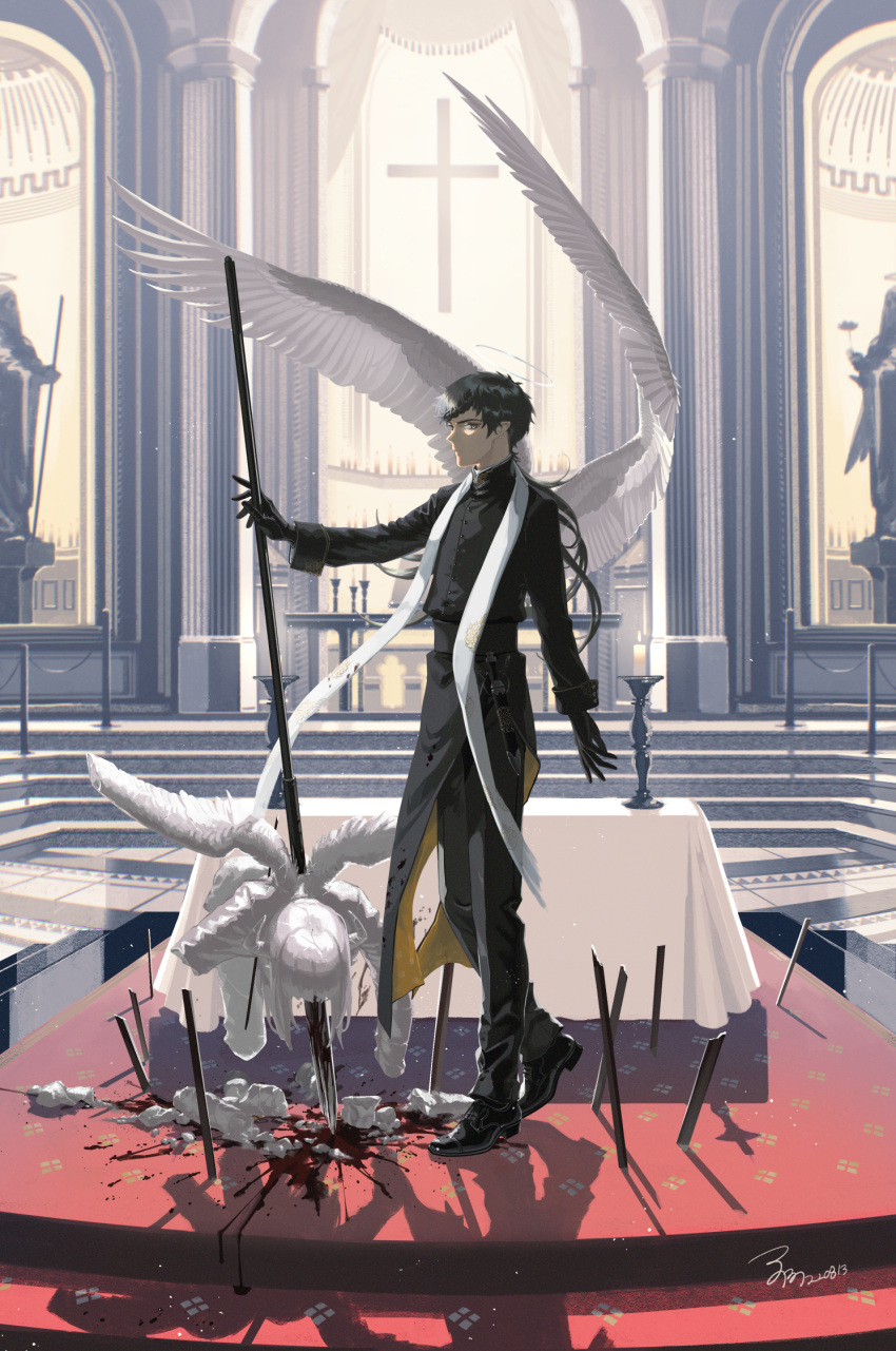 1boy altar angel angel_wings black_footwear black_gloves black_hair black_pants black_robe blood blood_on_clothes blood_on_weapon blood_splatter braid braided_bangs broken candle candlestand carpet cassock choki church closed_mouth cross dagger earrings eyeshadow full_body gloves green_eyes halo highres holding holding_polearm holding_weapon impaled jewelry knife knife_holster long_hair looking_at_viewer makeup male_focus original oxfords pants pillar pointy_ears polearm robe shadow sideways_glance solo spear stairs standing statue stole table tablecloth tile_floor tiles weapon white_wings window wings