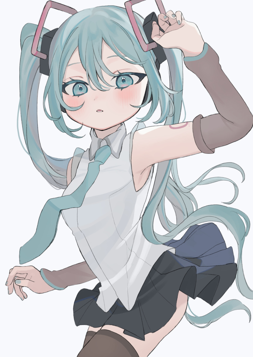 absurdres aqua_eyes aqua_hair aqua_nails aqua_necktie arm_up bare_shoulders black_skirt blush collared_shirt detached_sleeves grey_shirt hair_ornament hakudaku hatsune_miku hatsune_miku_(vocaloid4) highres long_hair looking_at_viewer necktie parted_lips pleated_skirt shirt sidelocks simple_background skirt sleeveless sleeveless_shirt thighhighs twintails v4x very_long_hair vocaloid white_background