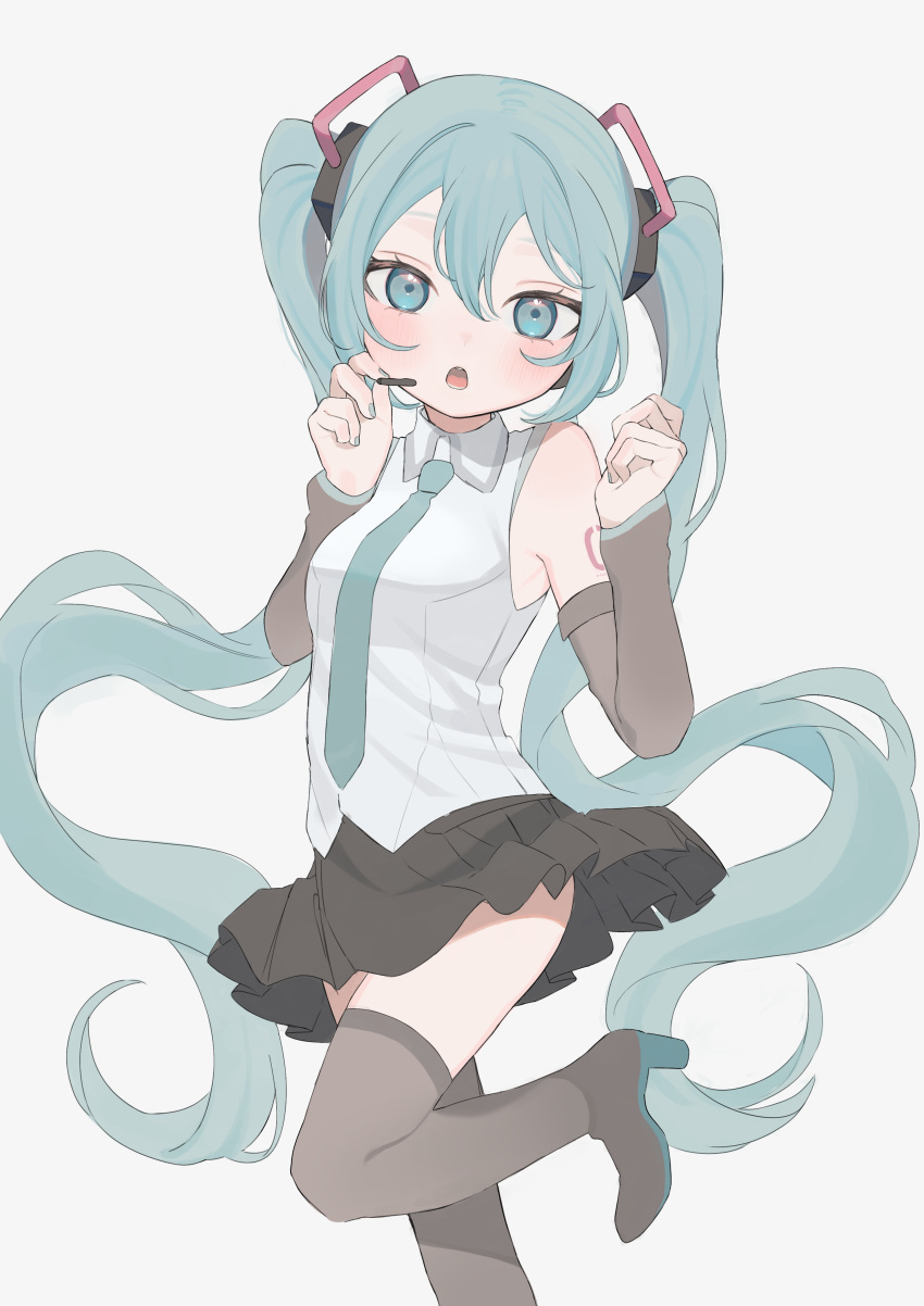 1girl absurdres aqua_eyes aqua_hair aqua_necktie bare_shoulders black_skirt blush boots collared_shirt detached_sleeves foot_out_of_frame grey_shirt hakudaku hands_up hatsune_miku hatsune_miku_(vocaloid4) headset high_heels highres leg_up long_hair looking_at_viewer necktie open_mouth pleated_skirt shirt simple_background skirt sleeveless sleeveless_shirt solo thigh_boots twintails v4x very_long_hair vocaloid