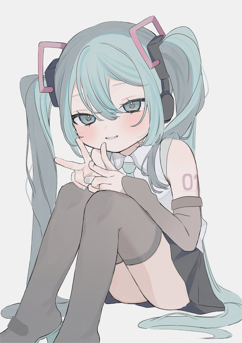 1girl absurdres aqua_eyes aqua_hair aqua_nails aqua_necktie bare_shoulders black_skirt blush boots collared_shirt detached_sleeves double_v grey_shirt hair_ornament hakudaku hatsune_miku hatsune_miku_(vocaloid4) headset highres knees_to_chest long_hair looking_at_viewer necktie parted_lips shirt simple_background sitting skirt sleeveless sleeveless_shirt smile thigh_boots twintails v v4x very_long_hair vocaloid