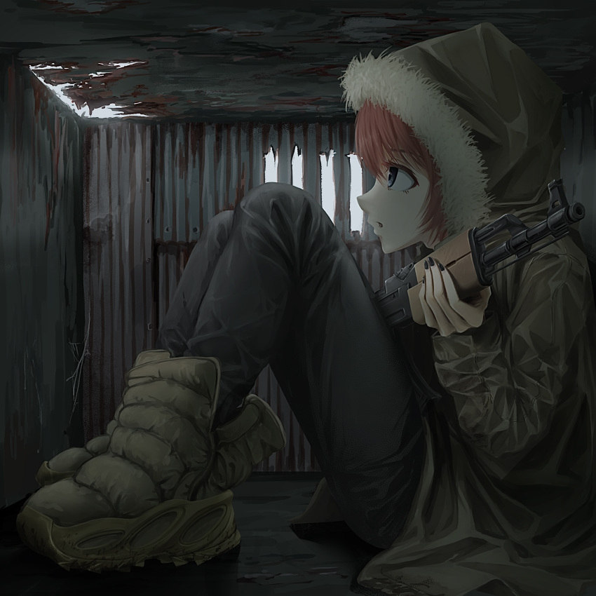 1girl ak-47 assault_rifle black_nails black_pants boots fashion foam_runner fur-trimmed_hood fur_trim gun highres holding holding_gun holding_weapon hood hooded_jacket jacket kalashnikov_rifle keeeey knees_up original pants red_hair rifle rust sitting solo weapon yeezy_(brand)