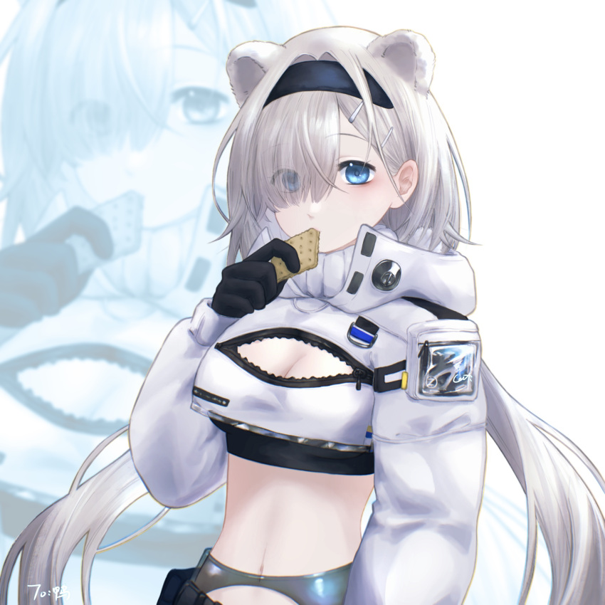 1girl animal_ears arknights aurora_(arknights) bear_ears black_gloves black_hairband black_shirt blue_eyes breasts cleavage cleavage_cutout clothing_cutout commentary crop_top cropped_jacket food gloves hair_over_one_eye hairband hand_up highres holding holding_food jacket long_hair long_sleeves looking_at_viewer midriff navel oct._(706842781) shirt simple_background solo stomach upper_body very_long_hair white_background white_hair white_jacket zoom_layer