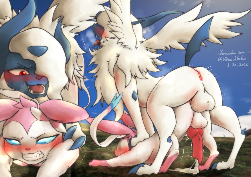 absol anus balls bodily_fluids cum cum_while_penetrated cumshot doggystyle duo eeveelution ejaculation feral feral_on_feral from_behind_position generation_3_pokemon generation_6_pokemon genital_fluids genitals hi_res knot male male/male mega_absol mega_evolution nintendo outside penetration pokemon pokemon_(species) sex sousaku_san sweat sylveon