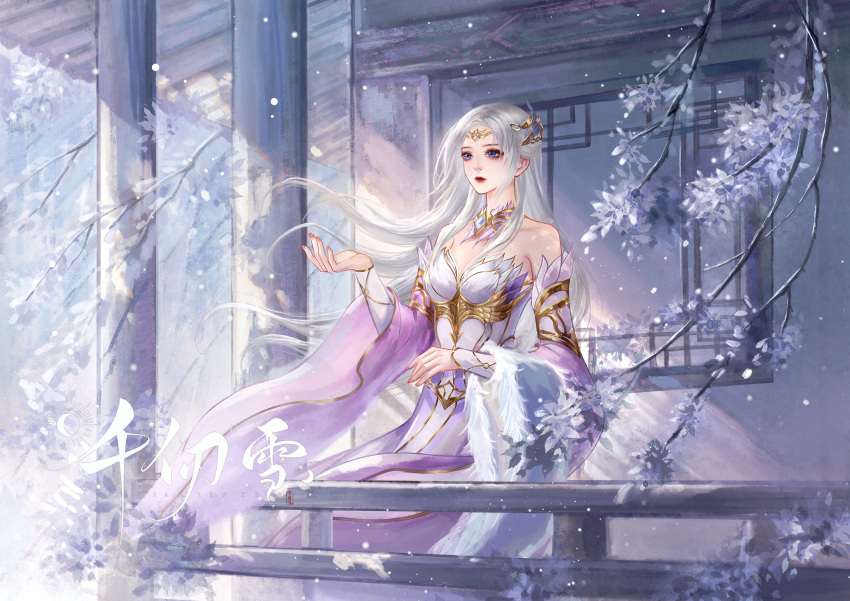 1girl absurdres baicaitoucaomao bare_shoulders blue_eyes branch closed_mouth detached_collar detached_sleeves douluo_dalu dress fur-trimmed_sleeves fur_trim hair_ornament highres long_hair pillar qian_renxue_(douluo_dalu) railing second-party_source snowing solo upper_body white_dress white_hair