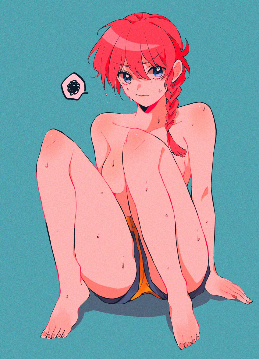 1girl annoyed barefoot blue_eyes braid braided_ponytail breasts convenient_censoring convenient_leg error genderswap genderswap_(mtf) highres knees_up large_breasts looking_at_viewer medium_hair on_floor ranma-chan ranma_1/2 red_hair rumic_0620 saotome_ranma simple_background sitting solo spoken_squiggle squiggle topless wet wrong_feet