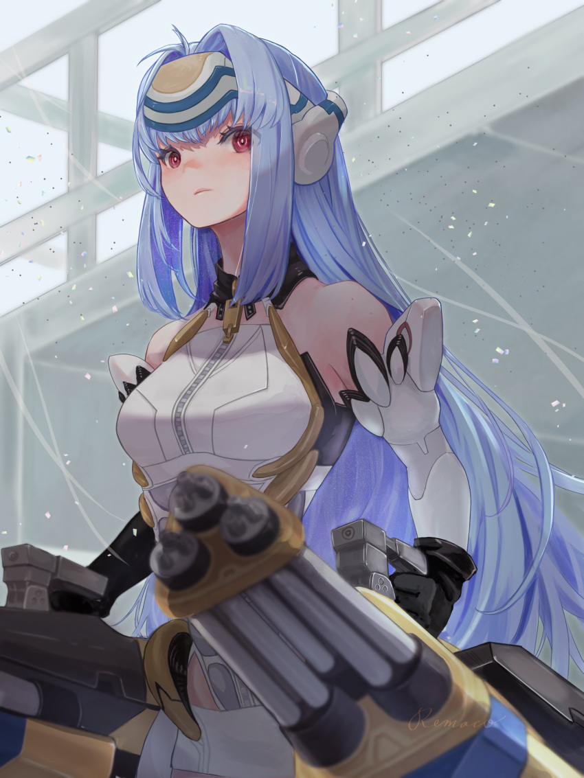 1girl android bare_shoulders blue_hair breasts cleavage elbow_gloves forehead_protector gloves highres kos-mos large_breasts leotard long_hair looking_at_viewer medium_breasts red_eyes remaco solo thighhighs very_long_hair weapon xenosaga