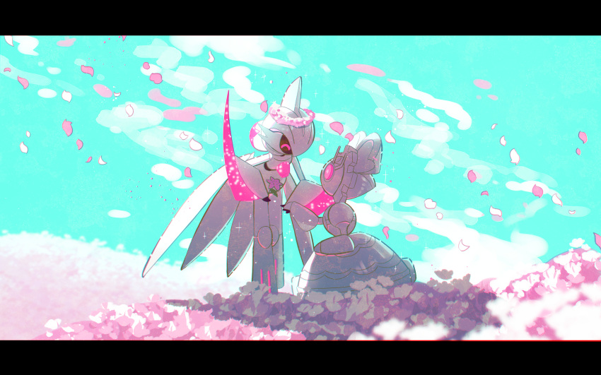 ^_^ absurdres bright_pupils closed_eyes commentary falling_petals field flower flower_field fukkatsu_no_maya highres iron_valiant looking_at_another magearna no_humans outdoors petals pink_eyes pink_flower pokemon pokemon_(creature) sky standing white_pupils