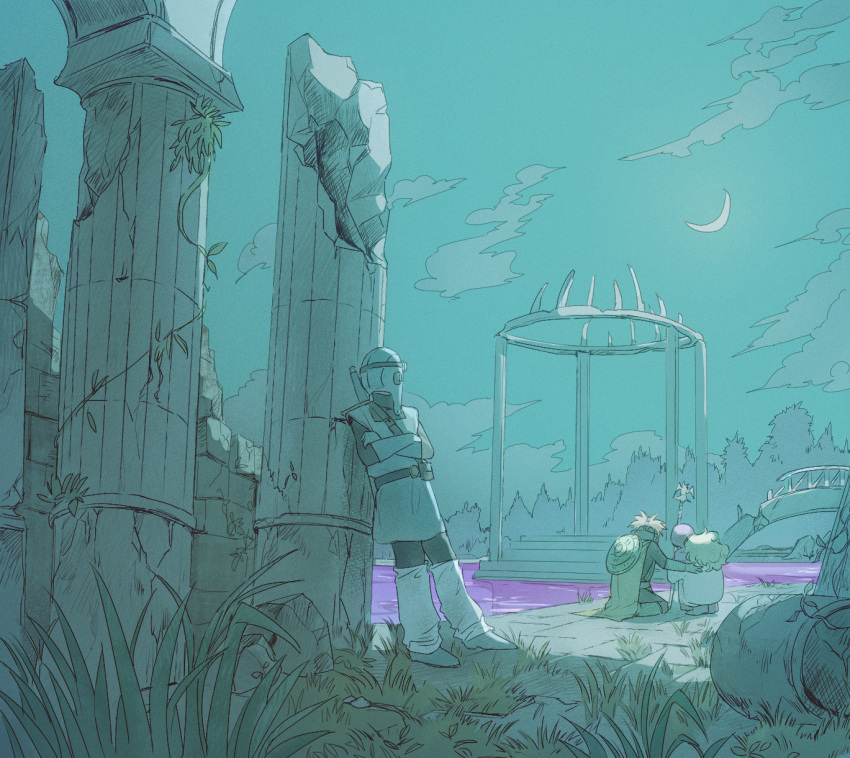 1girl 2boys bridge cape cloud crescent_moon dragon_quest dragon_quest_ii goggles goggles_on_head grass highres holding holding_staff limited_palette long_hair mari-mason moon multiple_boys night pillar plant prince_of_lorasia prince_of_samantoria princess_of_moonbrook ruins scenery shield shield_on_back short_hair squatting staff sword sword_on_back water weapon weapon_on_back