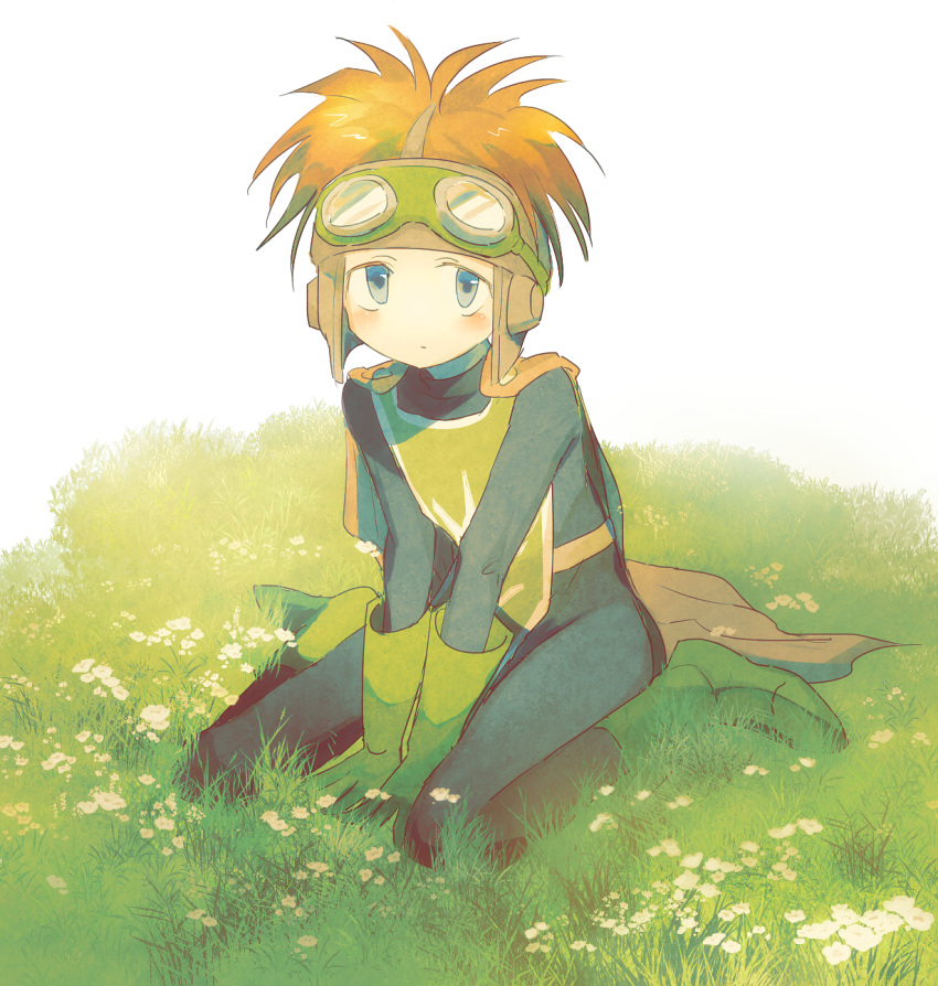 1boy blue_eyes blush brown_hair brown_headwear cape dot_mouth dragon_quest dragon_quest_ii flower gloves goggles goggles_on_head grass green_footwear green_gloves highres kneeling male_focus mari-mason prince_of_samantoria short_hair solo