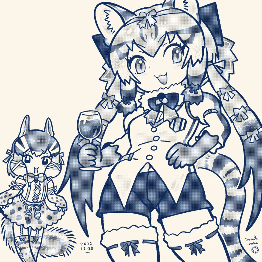 2girls animal_ears bow bowtie cat_ears cat_girl cat_tail chipmunk_ears chipmunk_girl chipmunk_tail cup drinking_glass elbow_gloves extra_ears geoffroy's_cat_(kemono_friends) gloves highres inada_roku kemono_friends kemono_friends_v_project kneehighs long_hair looking_at_viewer microphone multiple_girls ribbon shirt short_hair shorts siberian_chipmunk_(kemono_friends) simple_background skirt socks suspenders tail twintails vest virtual_youtuber wine_glass