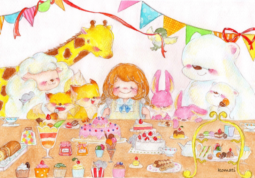 1girl 5025komatiko :3 animal apron artist_name bear bird blue_bow blush bow brown_hair cake candy closed_mouth colored_pencil_(medium) cup cupcake dot_nose feast fluffy food fork fox giraffe highres holding holding_fork holding_spoon ice_cream ice_cream_cone mouse open_mouth original painting_(medium) parfait plate polar_bear popcorn rabbit red_ribbon ribbon sandwich sharp_teeth sheep short_sleeves signature simple_background smile solo spoon sweets table teacup teapot teeth traditional_media watercolor_(medium) white_background yellow_apron