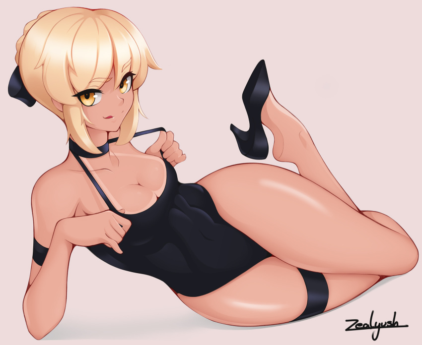 1girl armband artist_name artoria_pendragon_(fate) black_one-piece_swimsuit blonde_hair bow choker covered_navel fate/grand_order fate_(series) hair_bow high_heels highres licking_lips looking_at_viewer lying one-piece_swimsuit saber_alter solo swimsuit tan tanlines thick_eyebrows tongue tongue_out white_background yellow_eyes zealyush