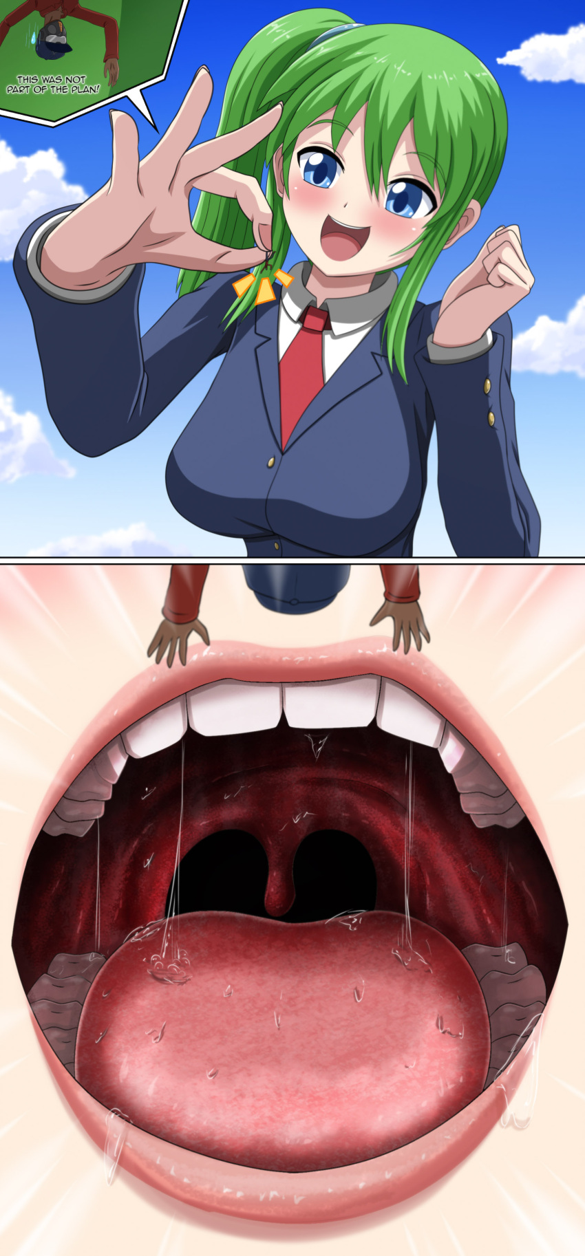 1boy 1girl absurdres blue_sky blush breasts cloud cloudy_sky dark-skinned_male dark_skin erika_(shukushou_gakuen) giant giantess green_hair helmet highres imminent_vore jenny_secret large_breasts miniboy necktie open_mouth picking_up red_necktie saliva school_uniform shukushou_gakuen side_ponytail size_difference sky teeth tongue vore