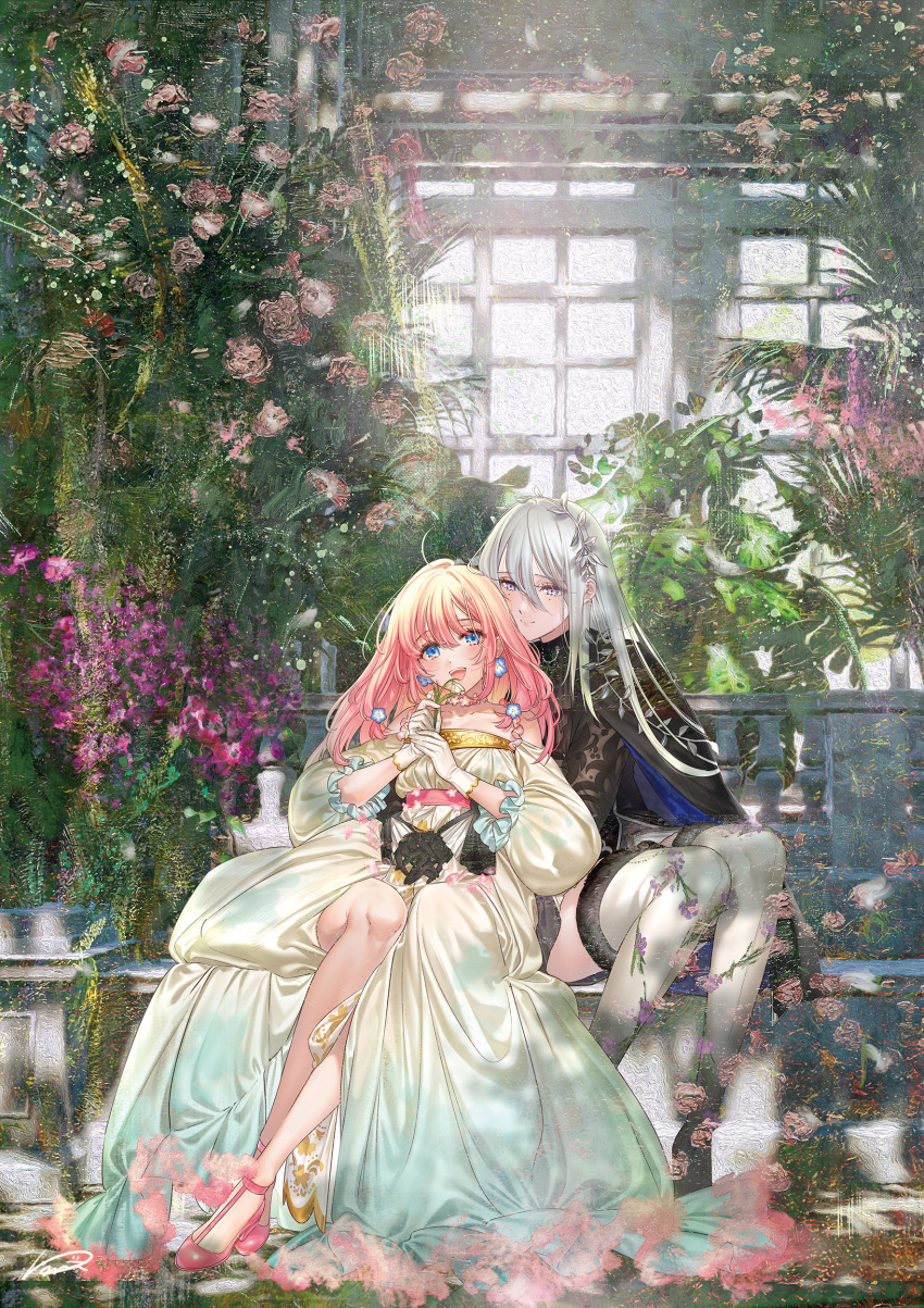 2girls :d absurdres black_cape blonde_hair blue_eyes boots cape dress floral_print flower frilled_dress frills fur-trimmed_thighhighs gloves grey_hair hair_flower hair_ornament head_wreath highres holding holding_flower kippu long_dress long_hair long_sleeves mole mole_under_eye multiple_girls original pink_footwear plant print_thighhighs puffy_long_sleeves puffy_sleeves purple_eyes railing sitting smile teeth thigh_boots upper_teeth_only white_dress white_gloves window yuri