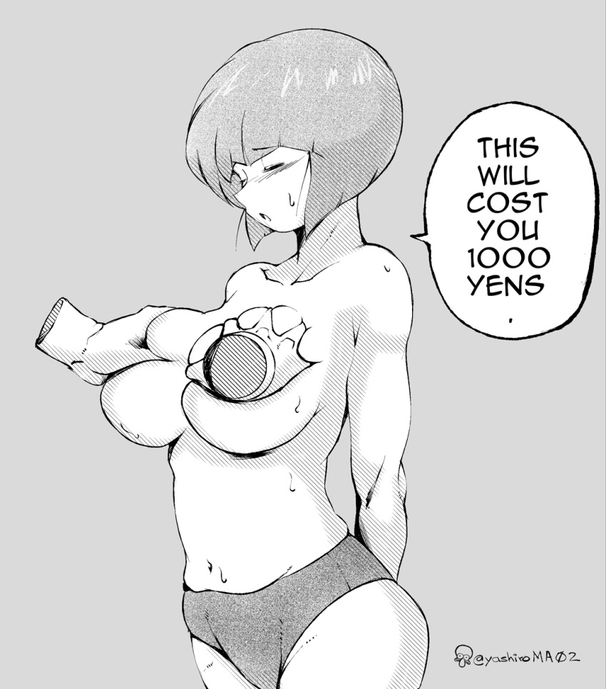 1girl arms_behind_back breast_grab breasts closed_eyes commentary disembodied_limb english_commentary english_text grabbing greyscale highres large_breasts monochrome navel panties ranma_1/2 short_hair solo sweat tendou_nabiki twitter_username underwear upper_body yashiro_a._marino