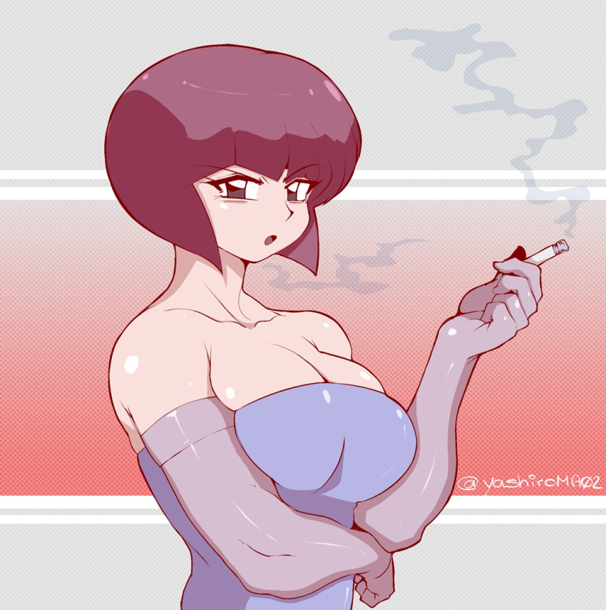 1girl black_eyes breasts brown_hair cigarette cleavage commentary elbow_gloves english_commentary gloves holding holding_cigarette large_breasts ranma_1/2 short_hair skindentation smoke solo strapless tendou_nabiki tube_top twitter_username upper_body yashiro_a._marino