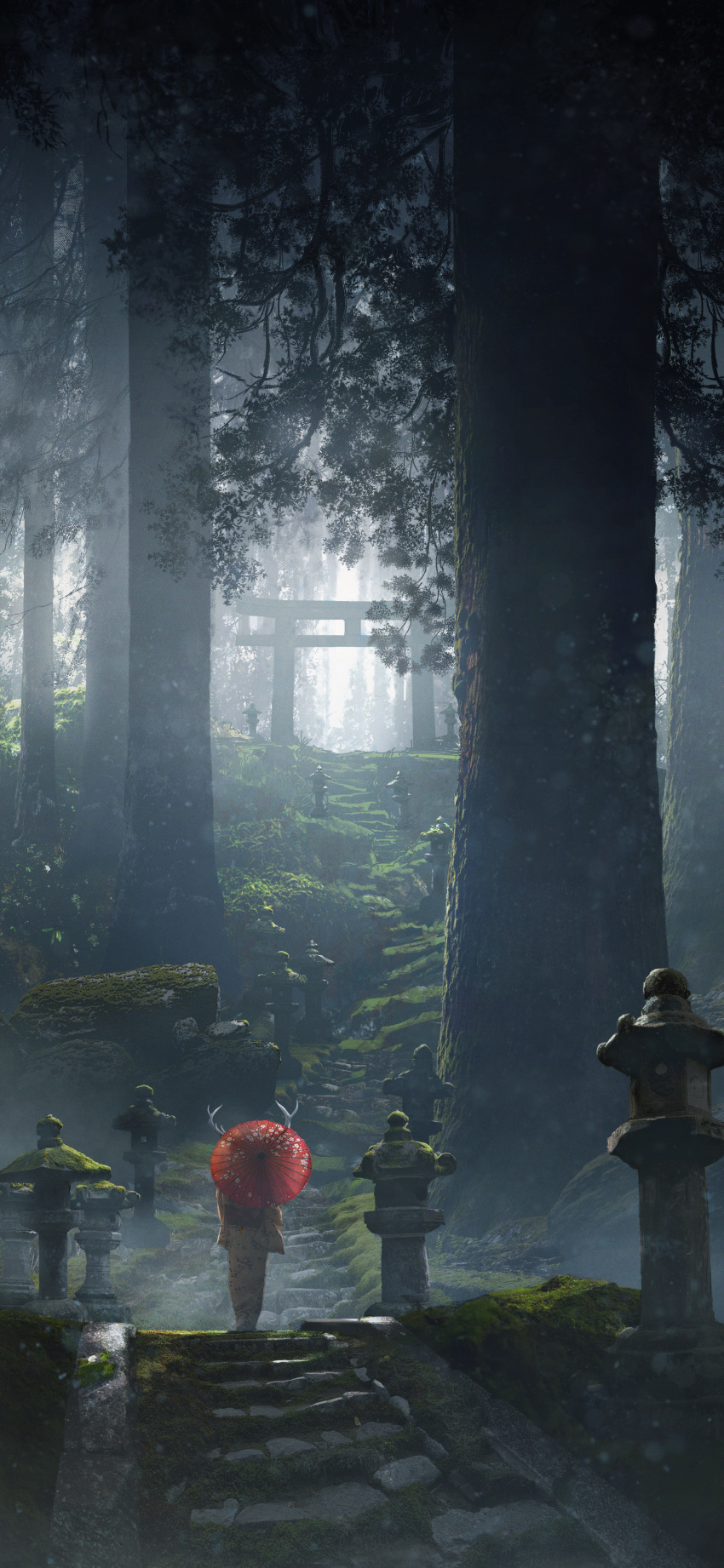 1girl absurdres antlers commentary_request couldoh forest highres holding holding_umbrella japanese_clothes kimono nature oil-paper_umbrella original outdoors scenery solo stone_lantern stone_walkway temple torii tree umbrella yellow_kimono