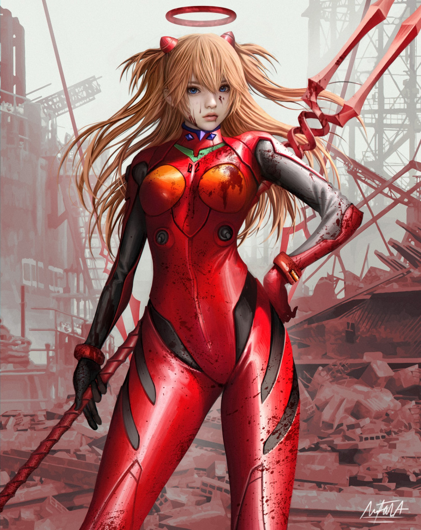 1girl bangs blood blood_on_clothes blood_on_face blood_on_weapon blue_eyes bodysuit breasts brown_hair cowboy_shot hair_between_eyes hairpods hand_on_hip headgear highres holding holding_polearm holding_weapon interface_headset lance_of_longinus_(evangelion) long_hair looking_at_viewer medium_breasts naofaro neon_genesis_evangelion pilot_suit plugsuit polearm red_bodysuit red_halo rubble solo souryuu_asuka_langley test_plugsuit weapon
