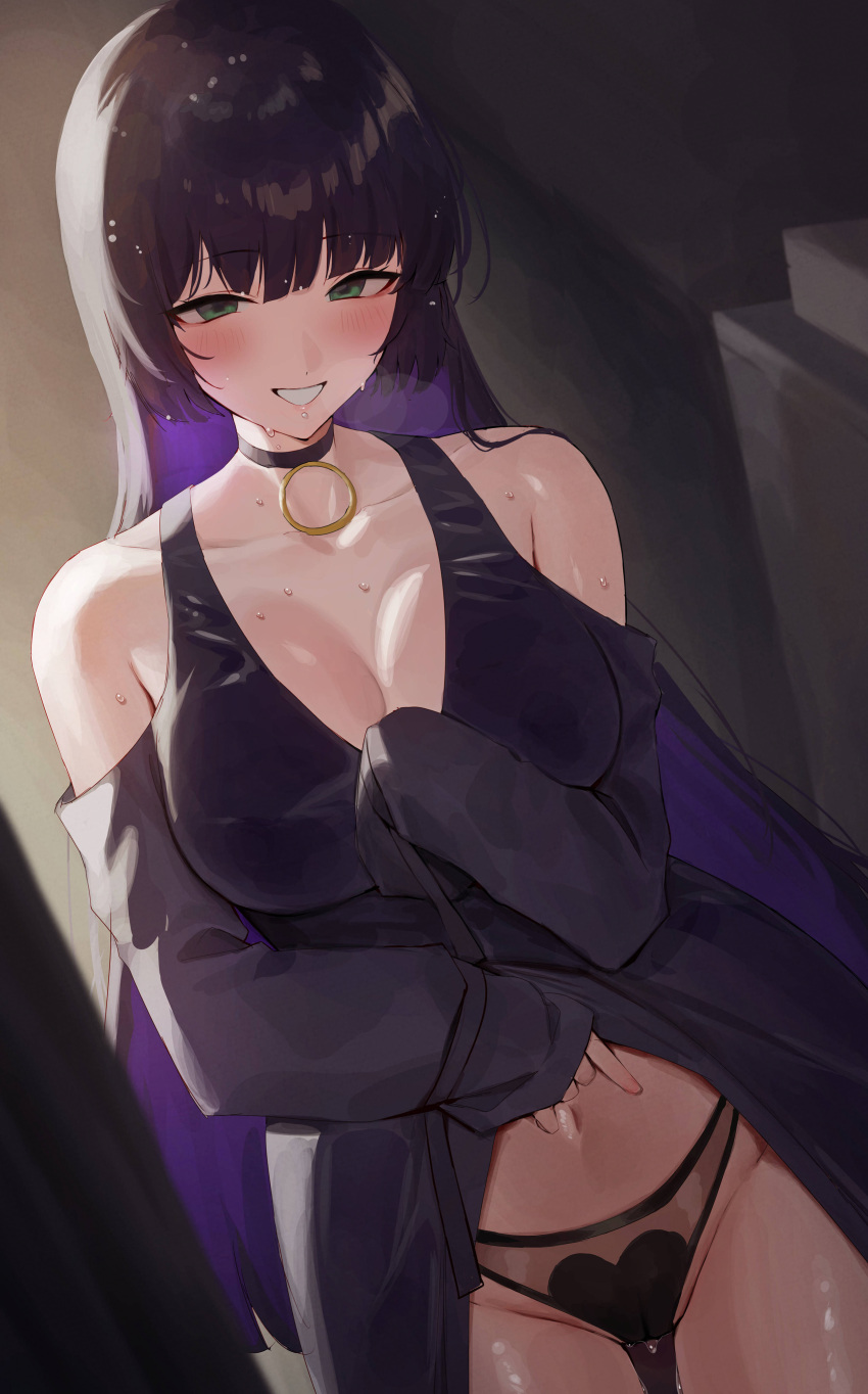 1girl absurdres bangs bare_shoulders black_hair blush bocchi_the_rock! breasts chin_piercing cleavage collarbone colored_inner_hair green_eyes highres large_breasts long_hair looking_at_viewer multicolored_hair navel pa-san purple_hair rororo smile solo thighs