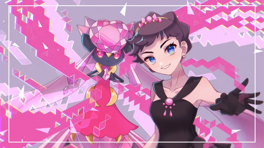 1girl aroma_0404 bangs blue_eyes brown_hair collarbone commentary_request diancie diantha_(pokemon) diantha_(sygna_suit)_(pokemon) dress earrings eyelashes framed gloves grey_background hairband highres jewelry looking_at_viewer mega_diancie mega_pokemon official_alternate_costume parted_lips pokemon pokemon_(creature) pokemon_(game) pokemon_masters_ex short_hair sleeveless sleeveless_dress smile upper_body yellow_hairband