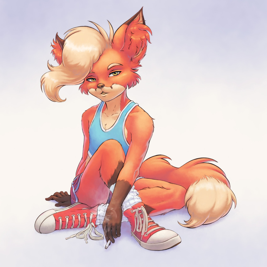 anthro canid canine cigarette clothing fox foxdale foxdale_axelrod hi_res male mammal shirt smoke smoking solo tank_top teenager topwear young