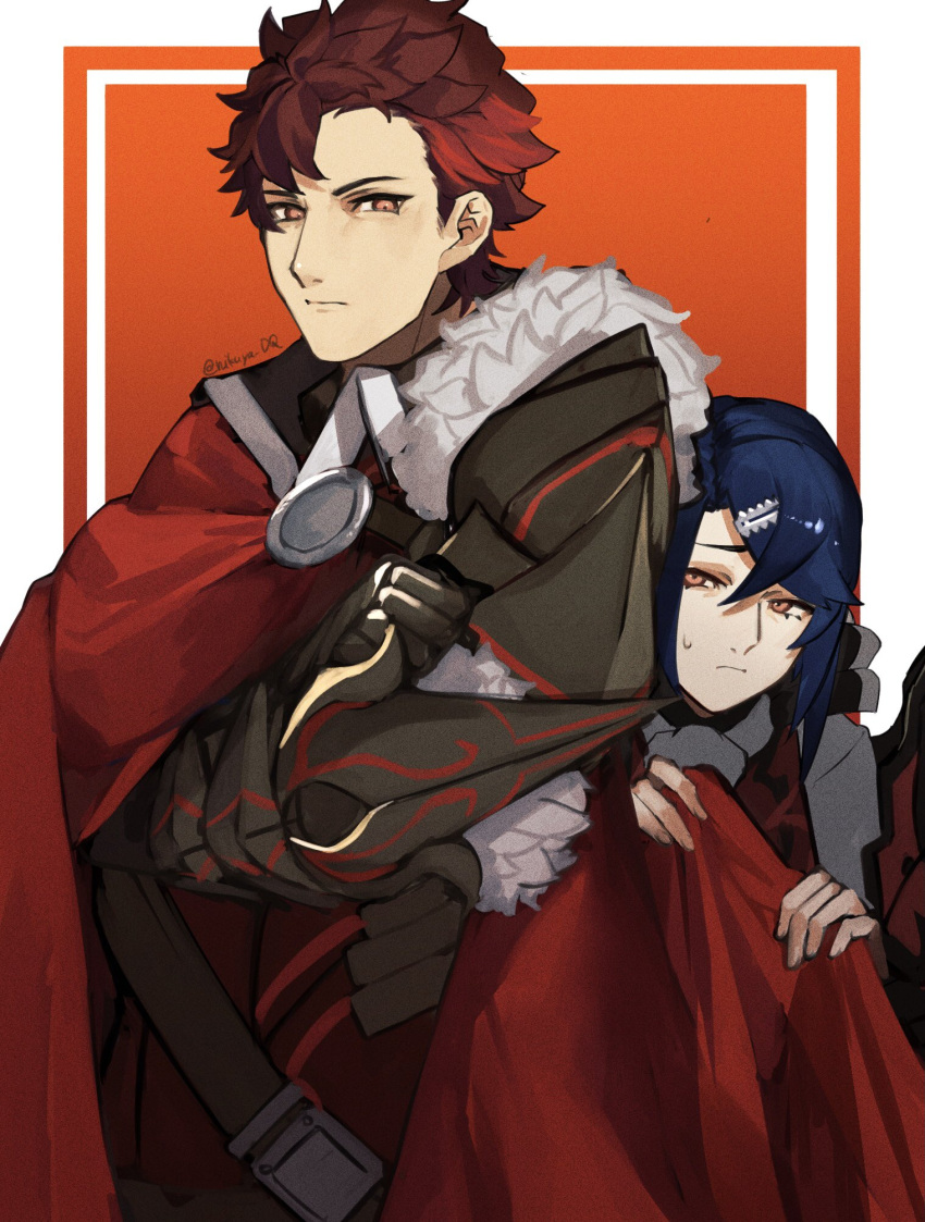 2boys alcryst_(fire_emblem) armor ascot black_armor blue_hair brothers cape cape_lift closed_mouth dark_blue_hair diamant_(fire_emblem) fire_emblem fire_emblem_engage frown furrowed_brow gauntlets hair_between_eyes hair_ornament hairclip hiding highres lifted_by_another looking_at_another multiple_boys orange_eyes red_cape red_hair seinikuten short_hair siblings twitter_username white_ascot