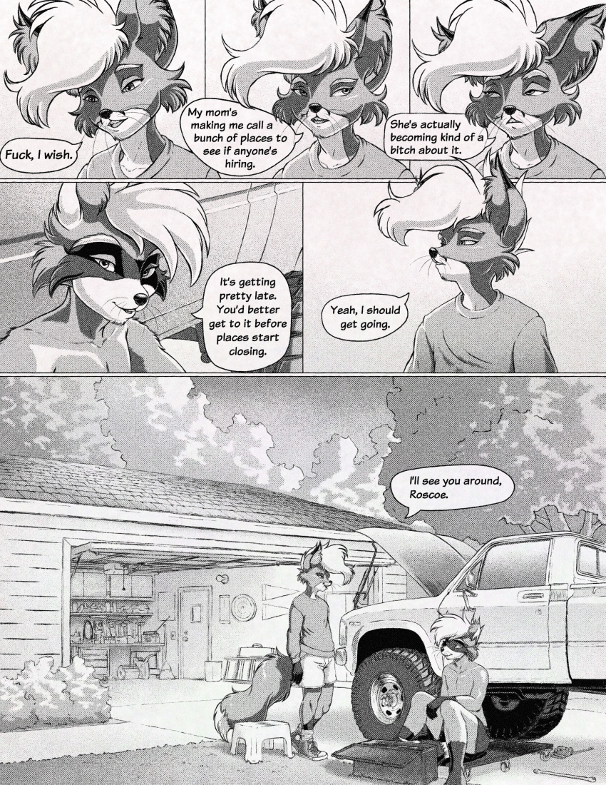 absurd_res anthro black_and_white canid canine car clothed clothing comic duo fox foxdale foxdale_axelrod greyscale hi_res male mammal monochrome procyonid raccoon teenager topless vehicle young