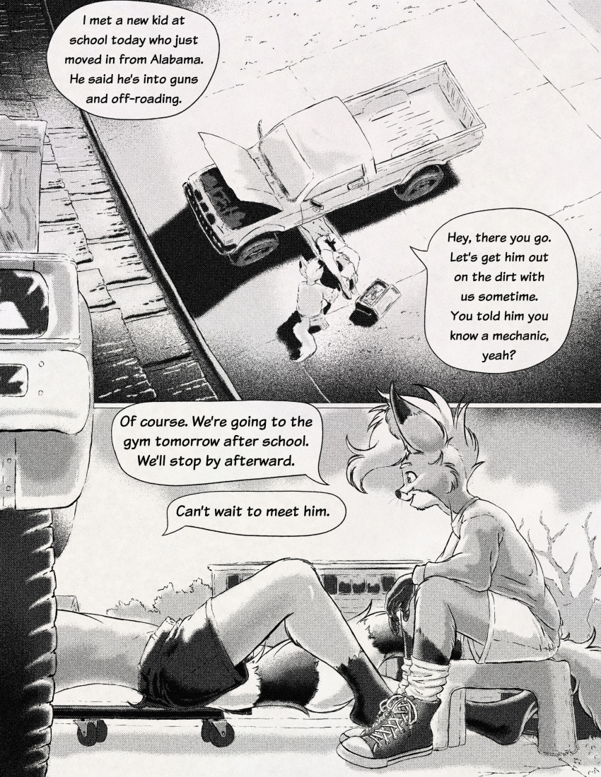 absurd_res anthro black_and_white canid canine car clothed clothing comic duo fox foxdale foxdale_axelrod greyscale hi_res male mammal monochrome procyonid raccoon teenager topless vehicle young